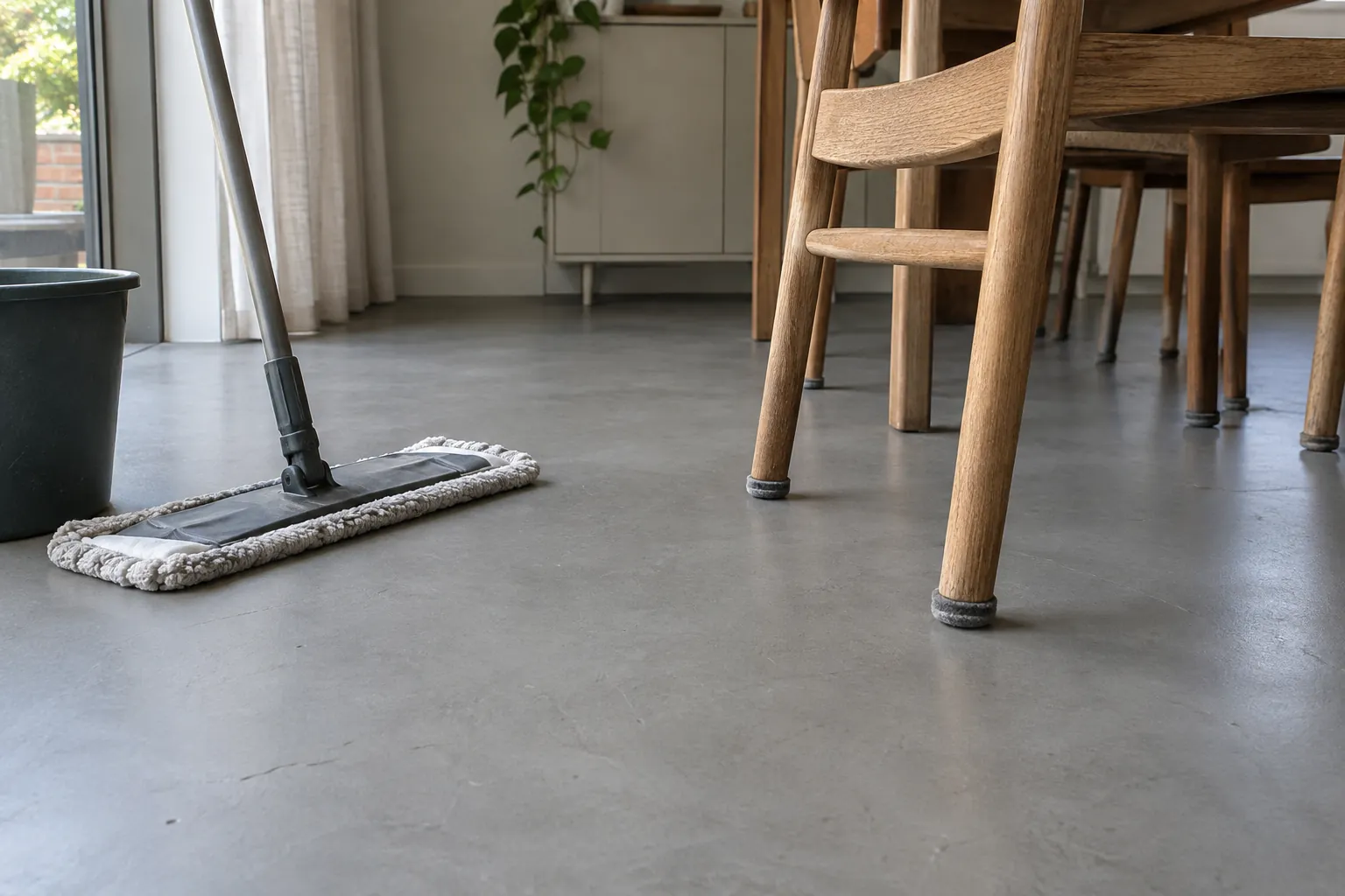 Vlakmop en emmer op een egale grijze vloer naast een eettafel met stoelen met doppen onder de poten — illustratief beeld