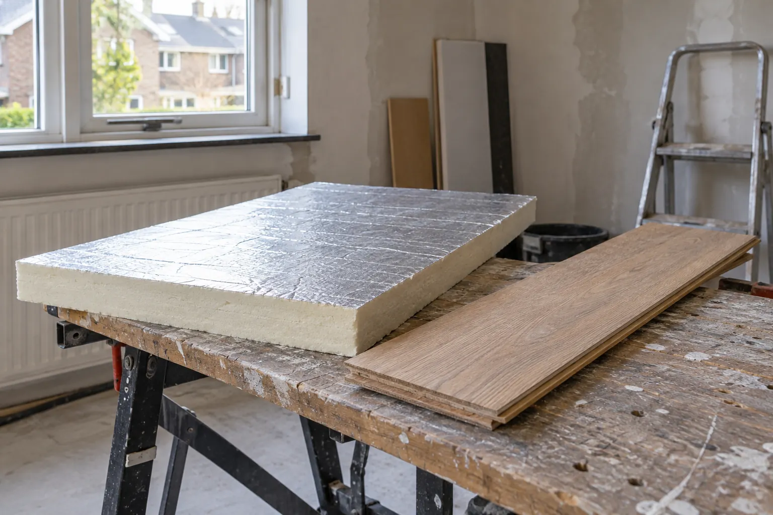 Isolatieplaat met zilverkleurige folielaag naast een losse vloerplank met houtlook op een werktafel in een kale kamer — illustratief beeld