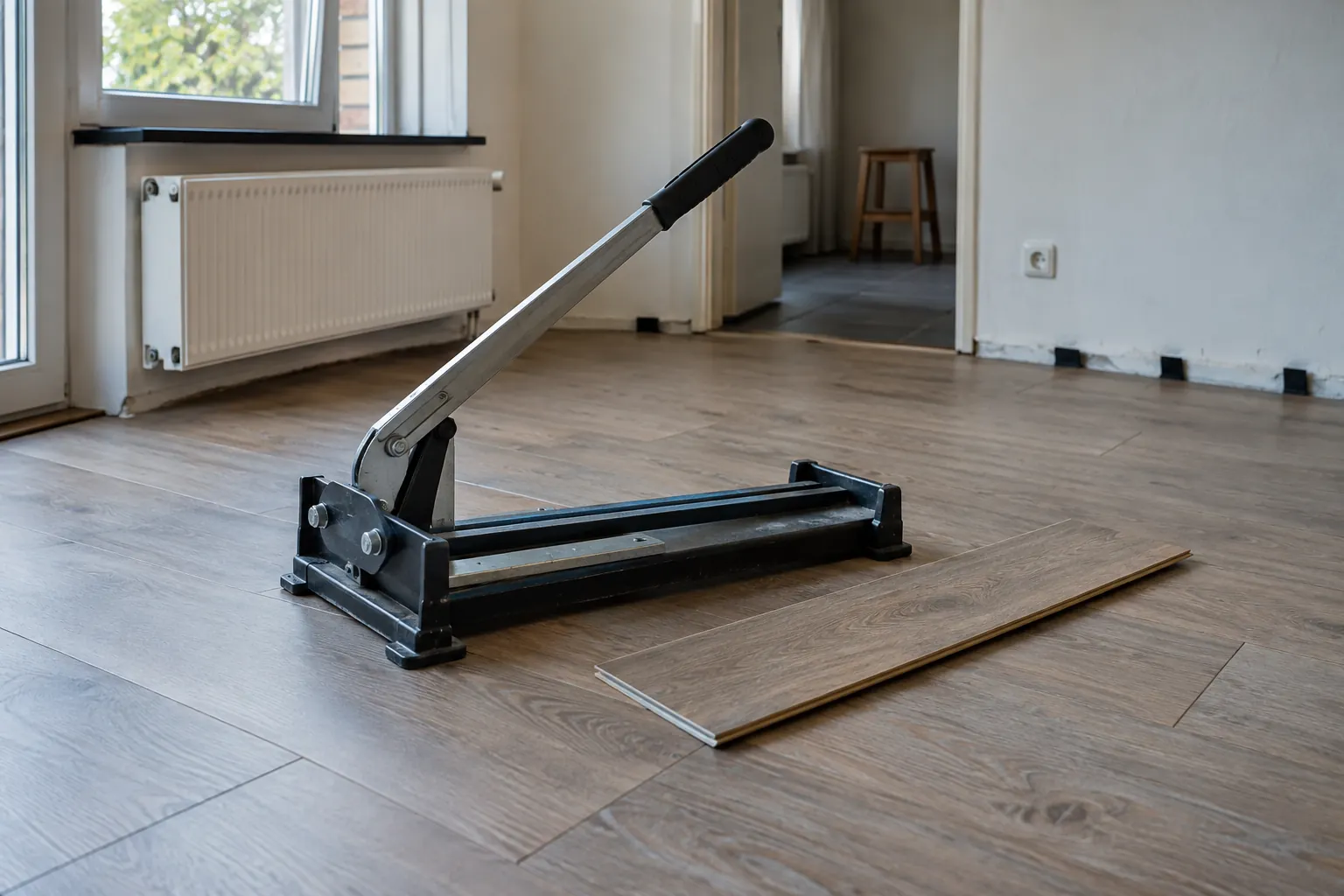 Handmatige laminaatsnijder met hendel en een losse plank op een vloer met houtlook — illustratief beeld