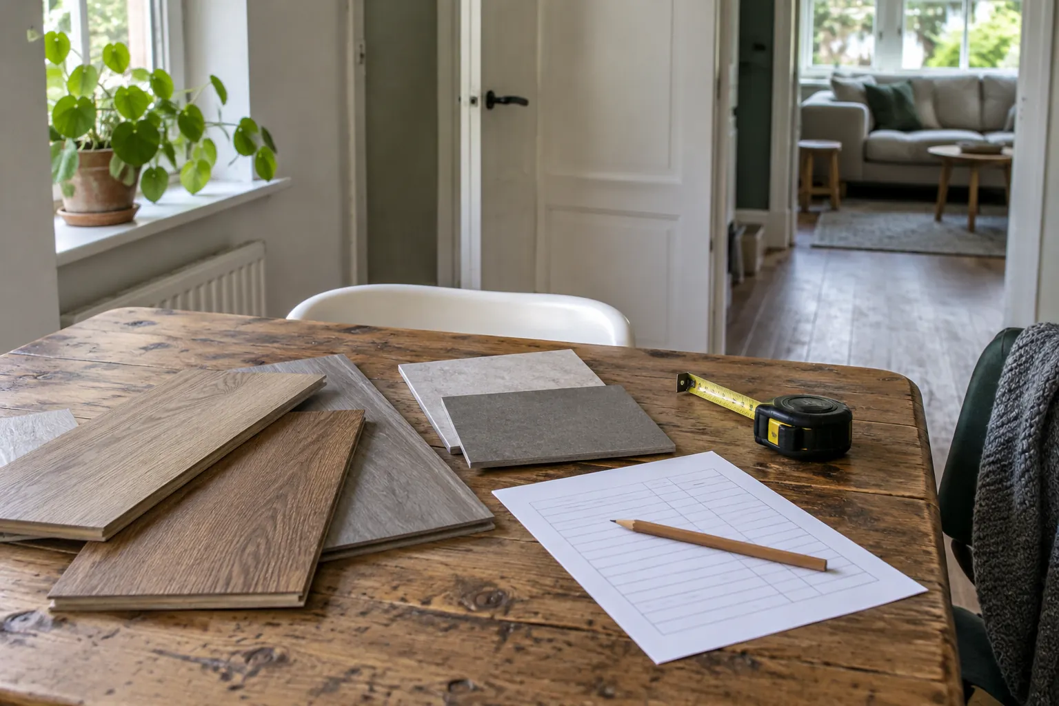 Vloerstalen met houtlook en grijze tegelstalen naast een rolmaat, een potlood en een leeg lijstje op een houten tafel — illustratief beeld