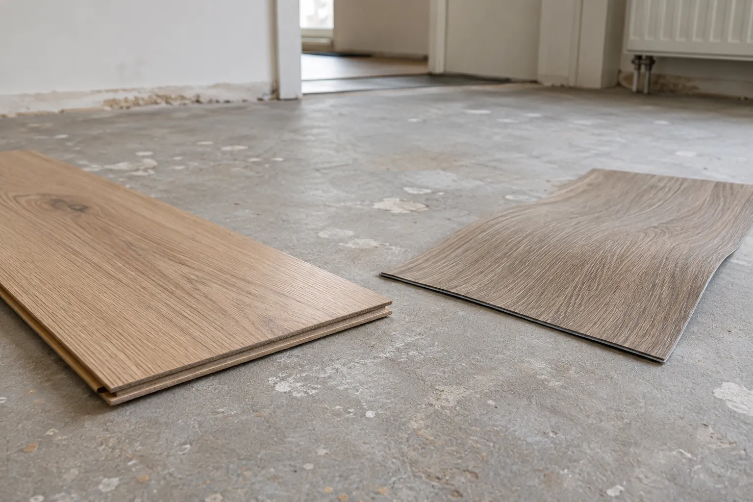 Een dikke plank met kliksponning en een dunne, licht gebogen plank, beide met houtlook, op een kale ondervloer — illustratief beeld