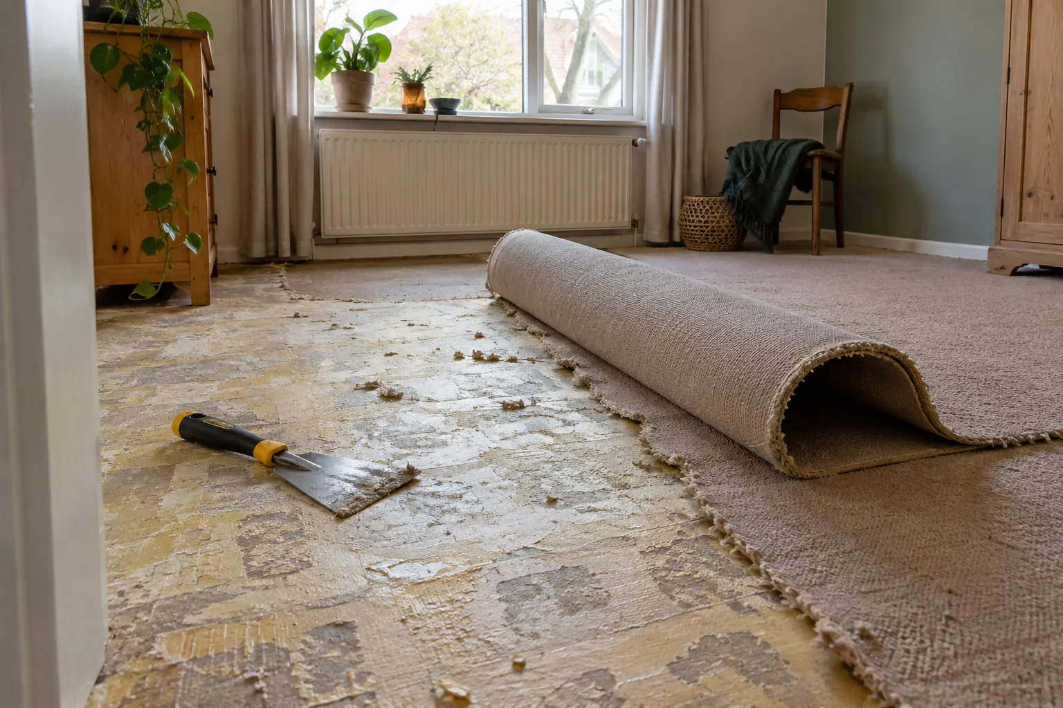 Deels opgerold tapijt in een woonkamer, met lijm- en viltresten op de kale ondervloer en een plamuurmes ernaast — illustratief beeld