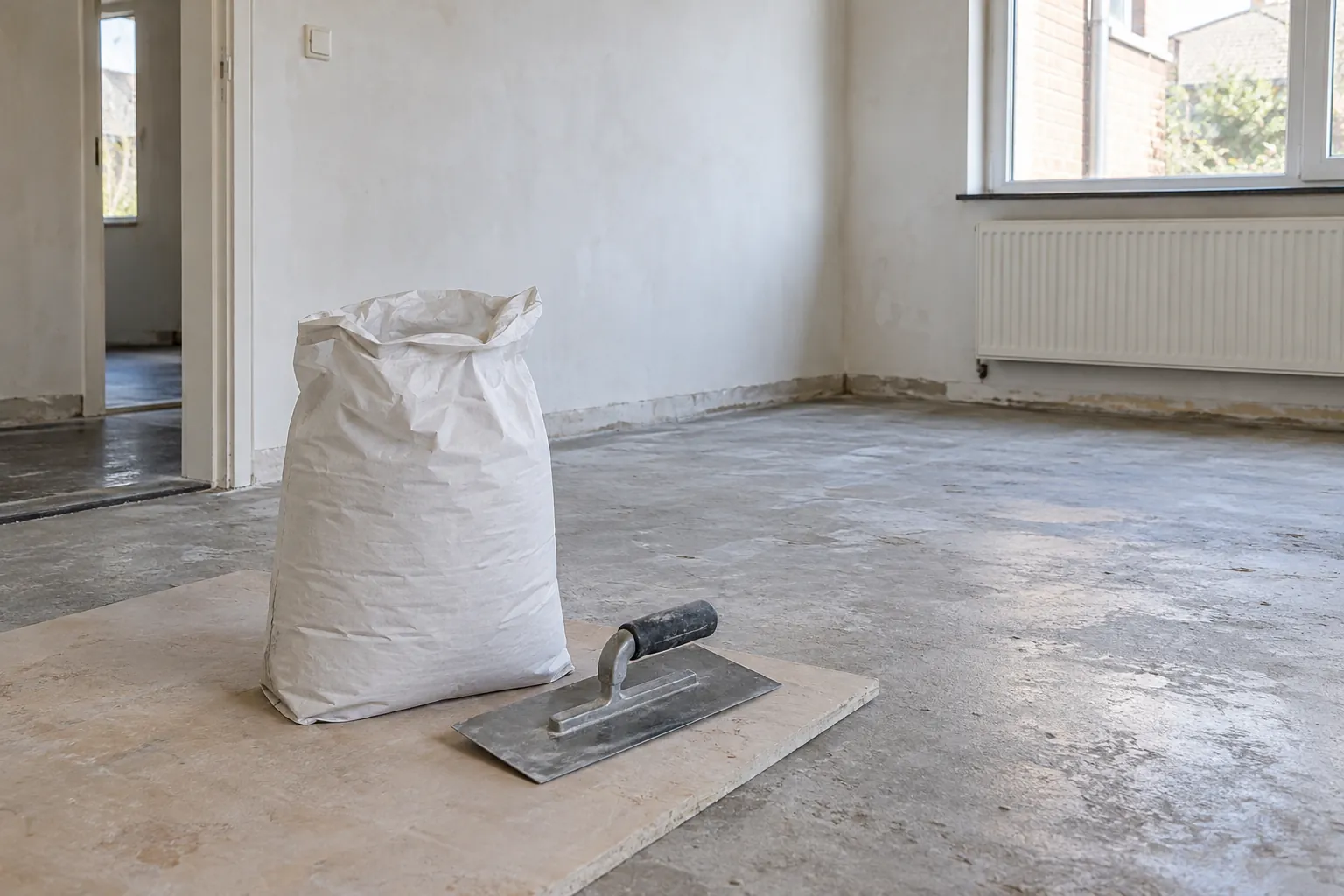 Witte zak en een spaan op een plaat in een lege kamer met een kale, vlekkerige grijze ondervloer en een radiator onder het raam — illustratief beeld