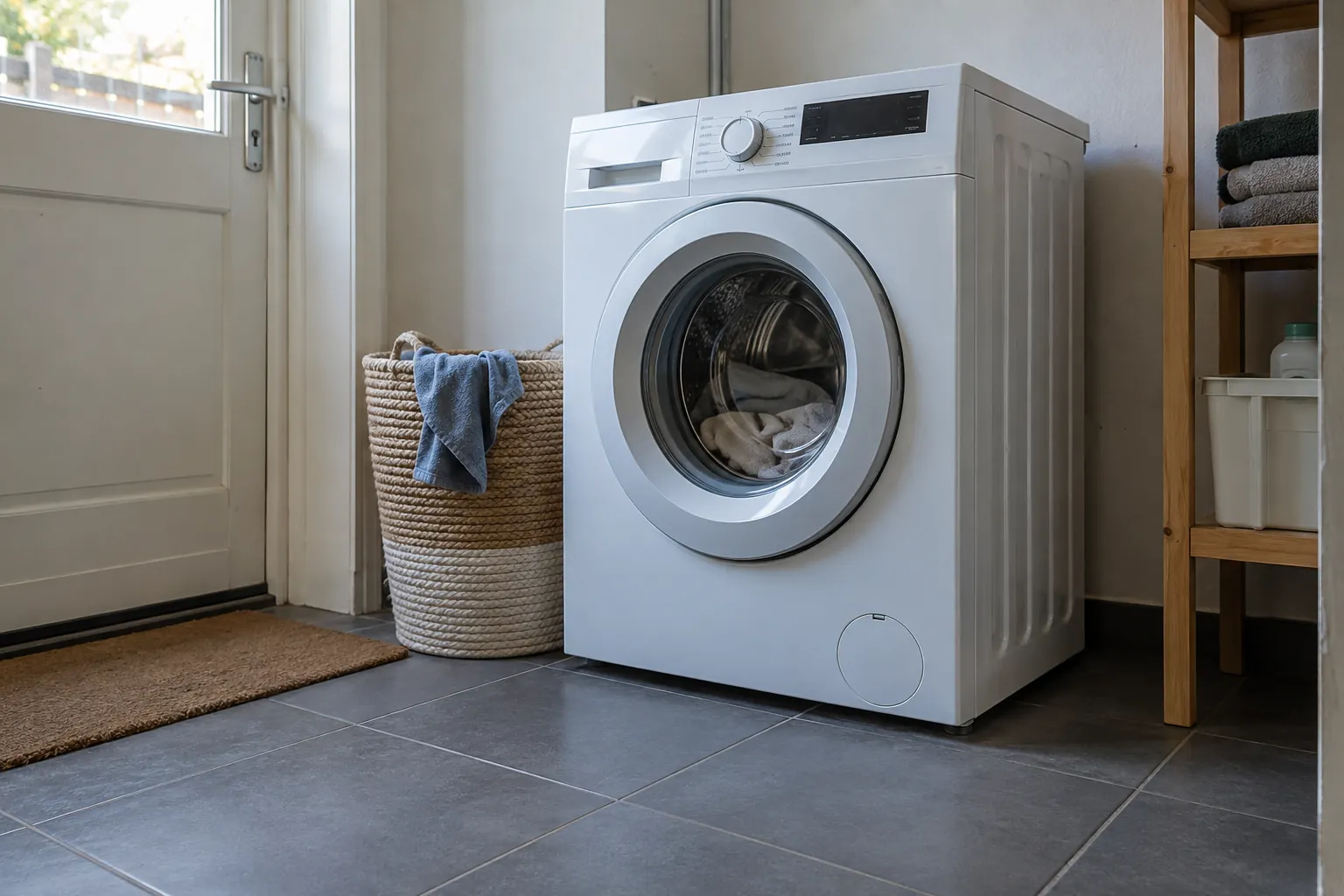 Witte wasmachine op een grijze tegelvloer naast een rieten wasmand, een houten rek met handdoeken en een buitendeur — illustratief beeld