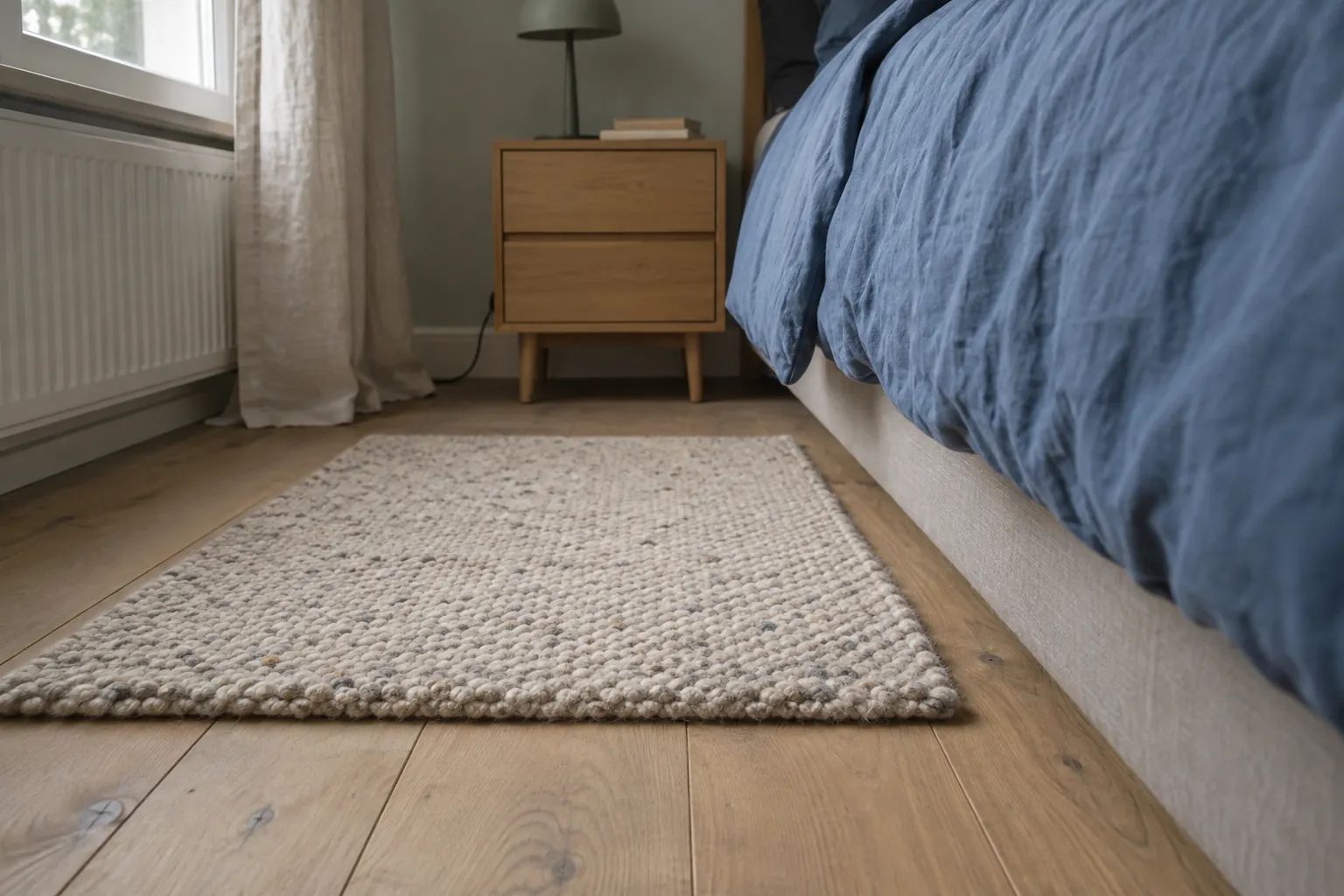Wollig ogend vloerkleed naast een bed met blauw dekbed op een vloer met houtlook, met een nachtkastje en radiator op de achtergrond — illustratief beeld