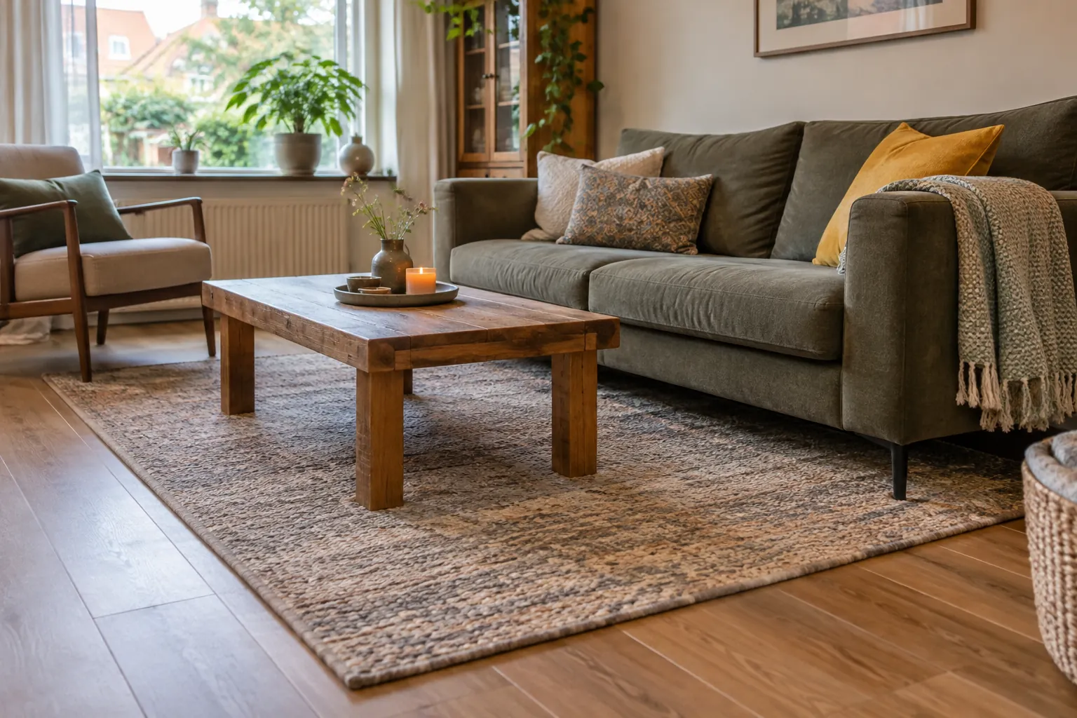 Grofgeweven vloerkleed op een houtlook vloer, met een lage houten salontafel erop en een bank aan de rand van het kleed — illustratief beeld
