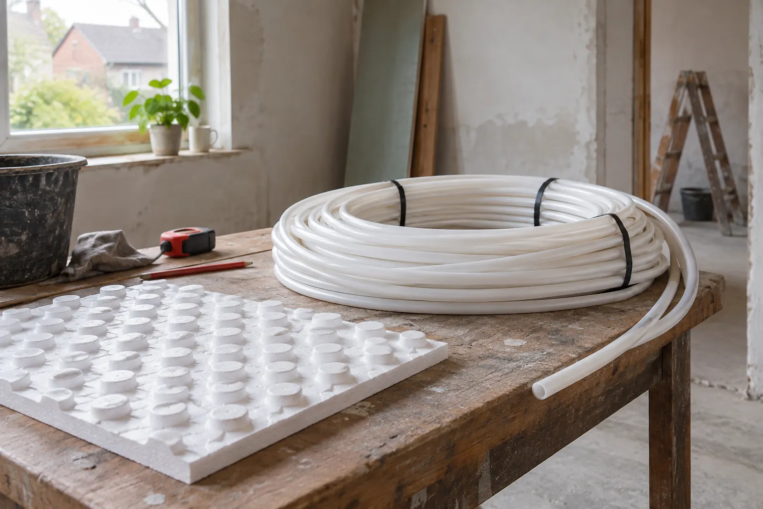 Opgerolde witte vloerverwarmingsbuis naast een witte noppenplaat op een houten werktafel in een ruimte die wordt verbouwd — illustratief beeld