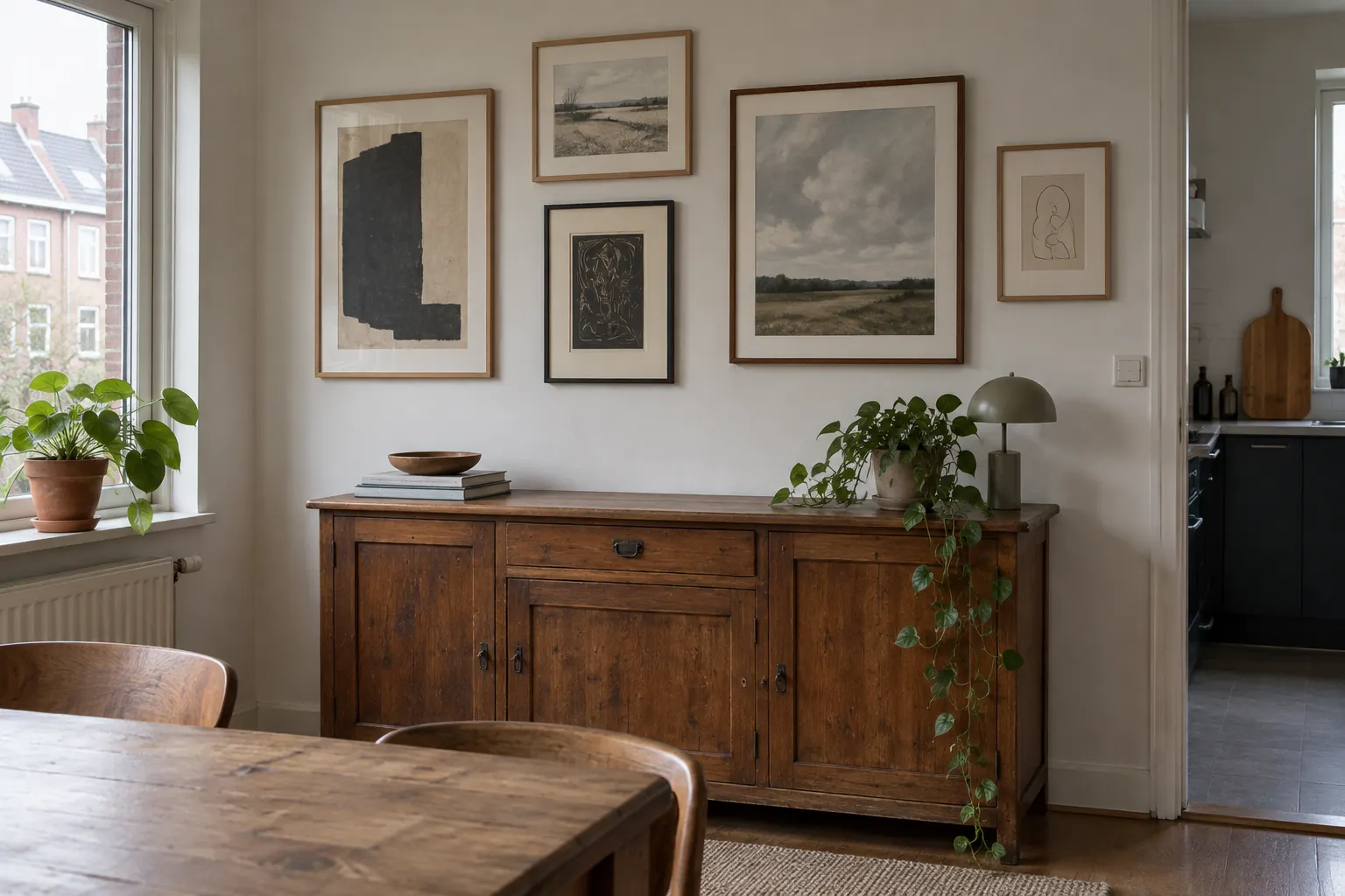 Vijf ingelijste prenten in verschillende formaten boven een oud houten dressoir naast een raam — illustratief beeld