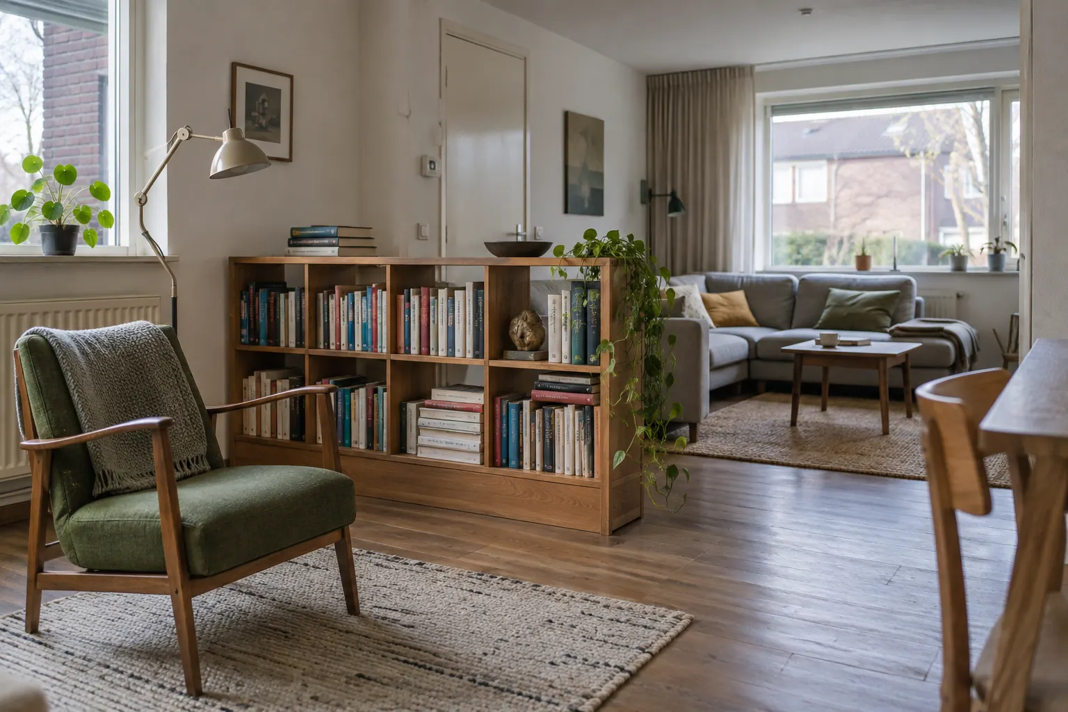 Ruime woonkamer met een open boekenkast tussen een leeshoek met groene fauteuil en een zithoek bij het raam — illustratief beeld