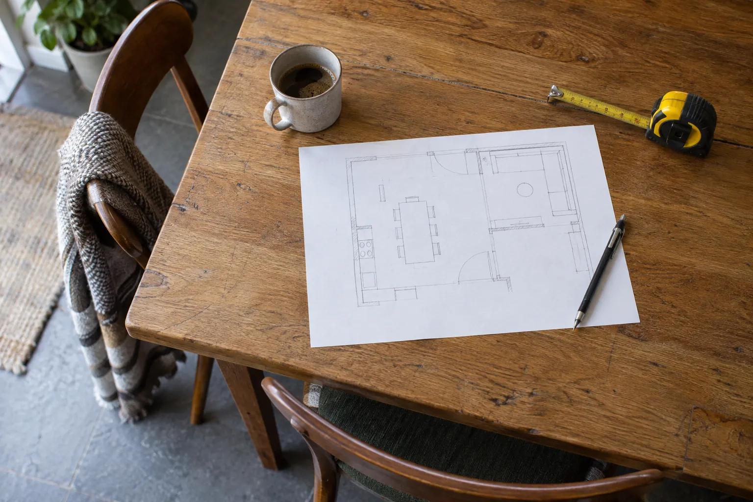 Potloodschets van een plattegrond met vulpotlood, rolmaat en een kop koffie op een houten tafel — illustratief beeld