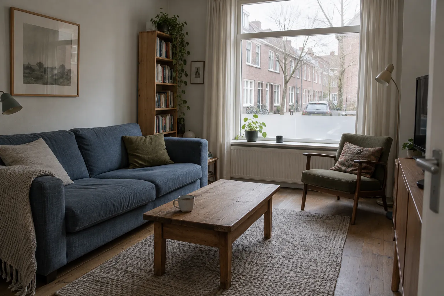 Kleine woonkamer met blauwe bank, houten salontafel, fauteuil en boekenkast bij een raam aan de straat — illustratief beeld