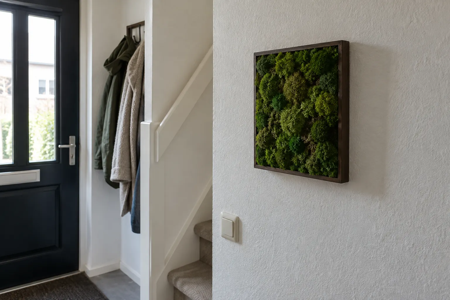 Ingelijst paneel met groen mos aan de wand van een hal, naast de trap en de voordeur
