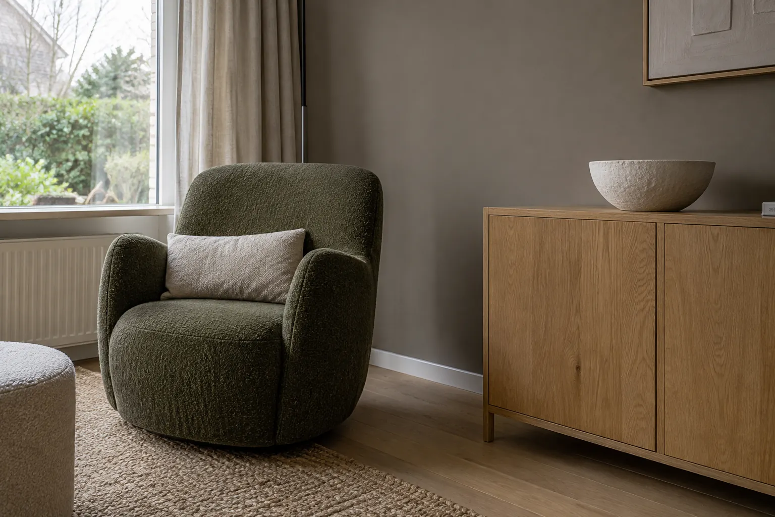 Mosgroene fauteuil met licht kussen naast een licht houten kast tegen een grijsbruine muur, met een raam naar de tuin