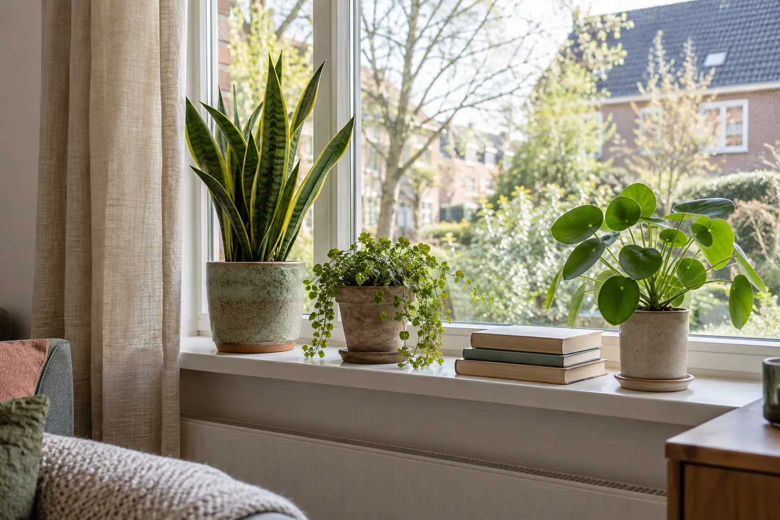 Vensterbank met drie plantenpotten en een stapeltje boeken voor een raam, met een radiator eronder — illustratief beeld