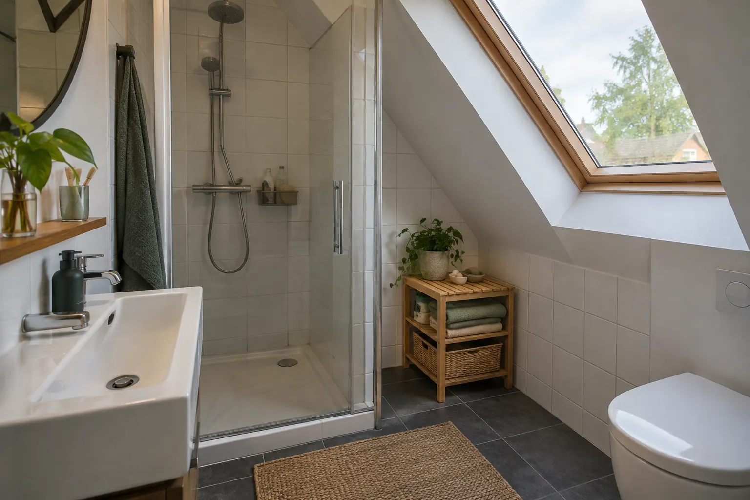 Compacte zolderbadkamer met douchecabine, wastafel en hangend toilet, met een dakraam boven een betegelde schuine wand