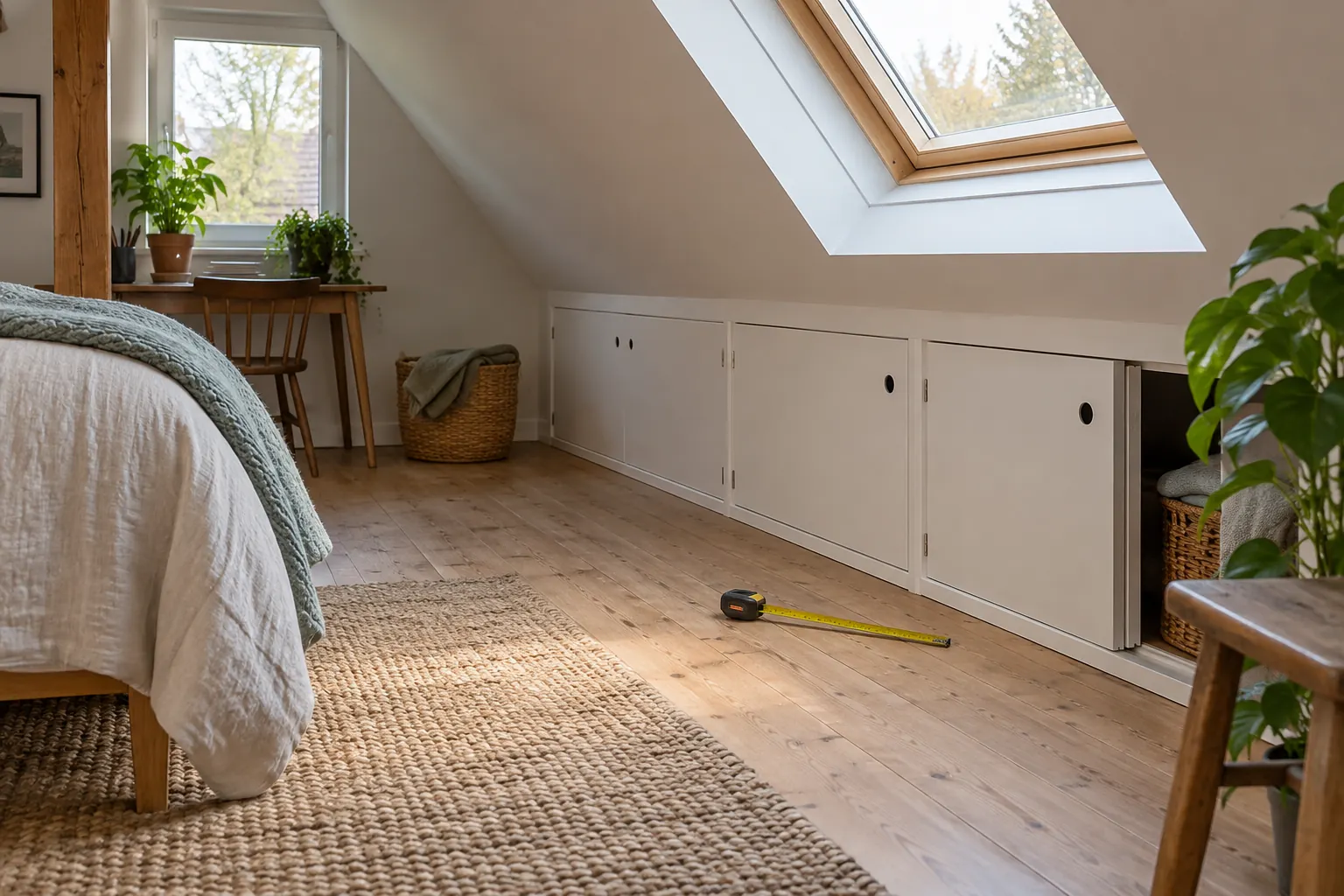 Zolderkamer met lage ingebouwde kastdeuren onder de schuine wand, een rolmaat op de houtlook vloer en een dakraam — illustratief beeld