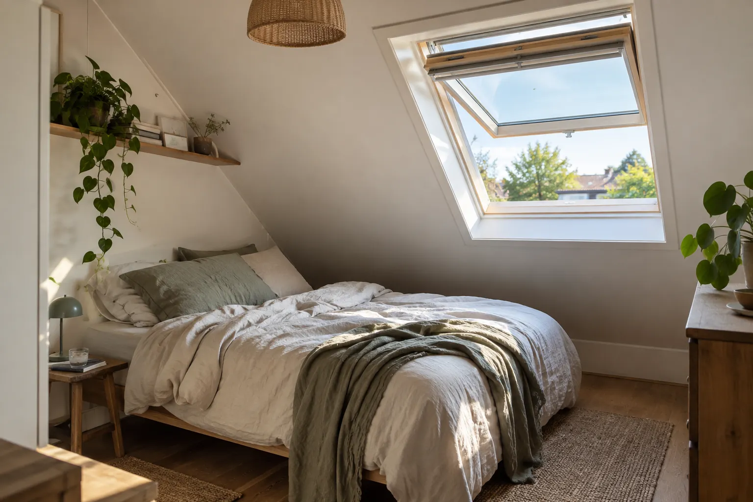 Bed onder een schuine wand met een geopend dakraam dat uitkijkt op daken en bomen